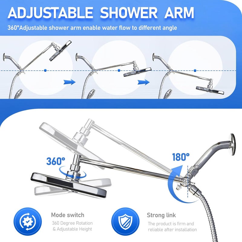 SeaCity Wide Rain Shower Head With 5 Modes Handheld Showerheads, High Pressure Showerhead Combo with Extension Arm for Bathroom Accessories, Adjustable Shower Head with Anti-Clog Nozzles (Chrome) - Image 4